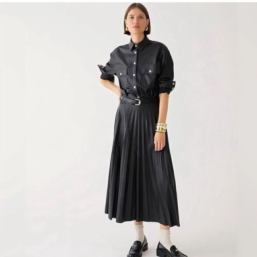 Ichi Black Faux Leather Danish Pleated Midi Skirt